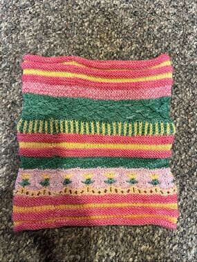 Women’s pink, green, yellow handknit Neck Gator with Floral Detail